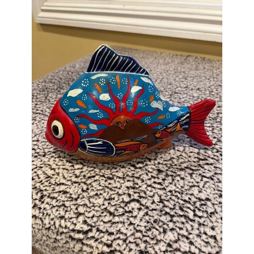 Vintage Tonala Mexican Pottery Fish Figurine Hand Painted Clay Folk Art Mexico